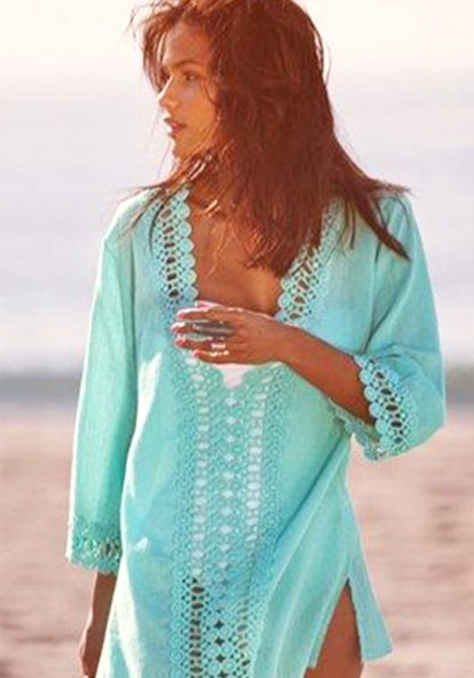 Emilia Casual Crochet Trim Turquoise Cover-Up