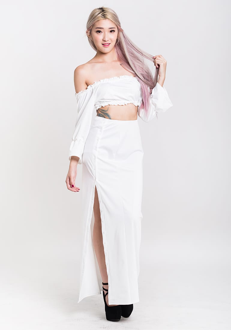white maxi skirt and crop top