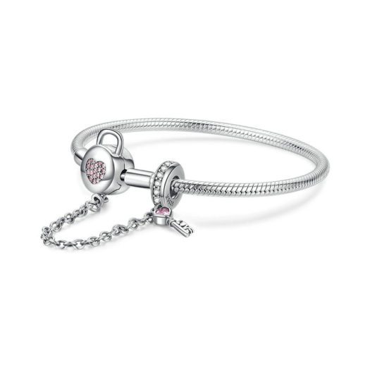 Pink Heart Lock and Key 925 Sterling Silver Snake Chain Bracelet