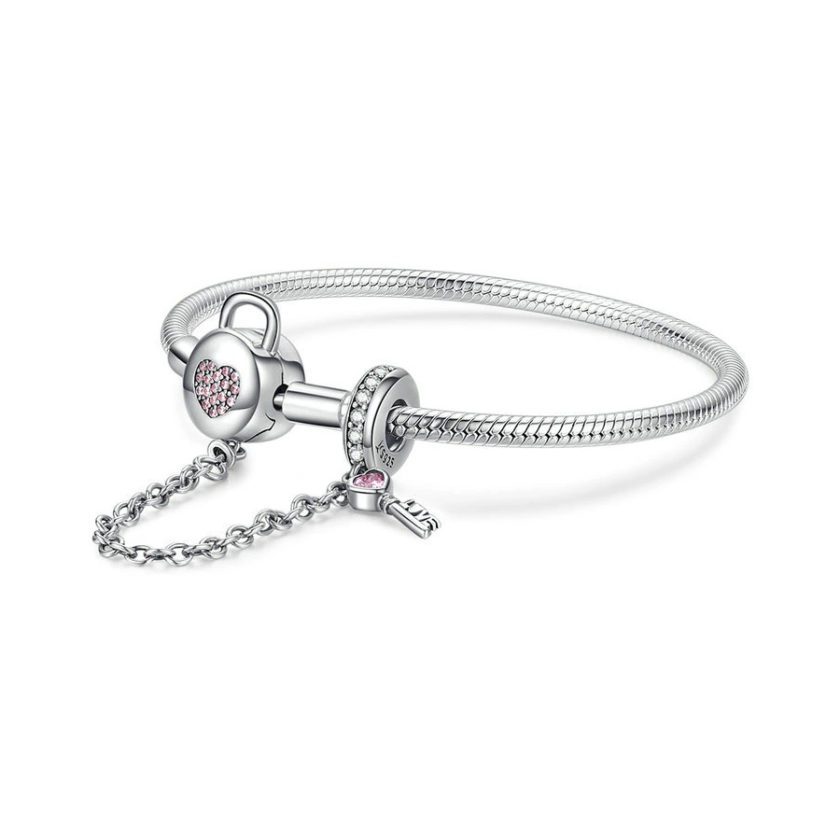 Pink Heart Lock and Key 925 Sterling Silver Snake Chain Bracelet