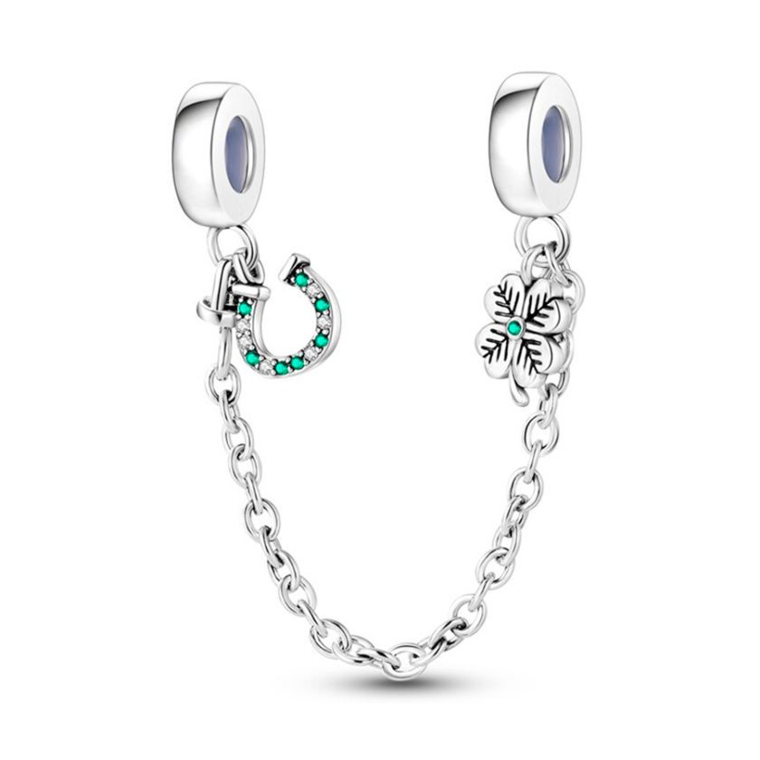 Lucky Series S925 Silver Horseshoe Four Leaf Clover Chain Charm
